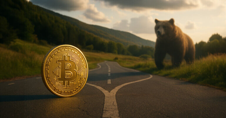 golden Bitcoin at a forked road with a red descending line while a faded bear looms in the sunlit background, suggesting a looming bearish turn versus a possible reset.