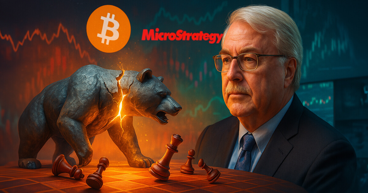 A focused James Chanos studies a cracking steel bear glowing with warm light beside bold Bitcoin and MicroStrategy logos against bright teal-and-coral market screens.