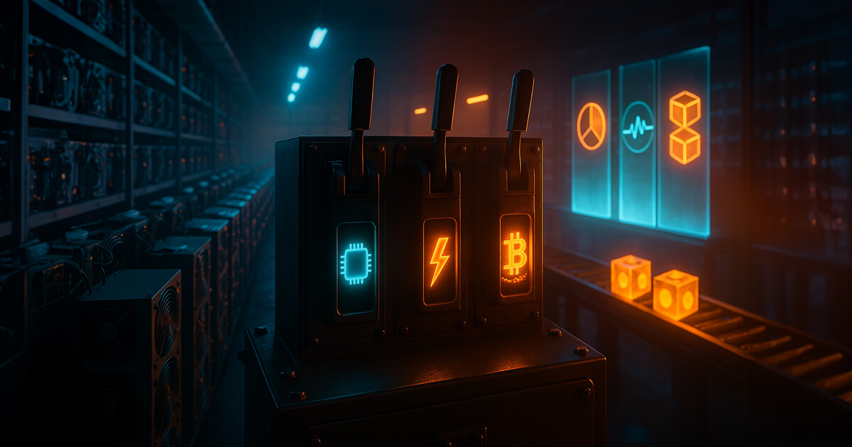 a humming Bitcoin mine with rows of ASIC rigs and a heavy steel control console bearing three glowing breaker switches—chip, lightning, and Bitcoin icons—lit in vivid cyan and ember tones with a soft atmospheric glow.