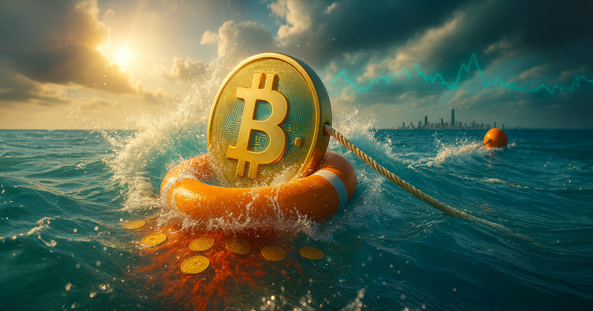 a golden Bitcoin wedged in an orange life ring at wave height as turquoise water explodes into sunlit spray, the taut rope leads toward a distant buoy and bright skyline, and sinking coins leave swirling trails of vivid red beneath the surface.