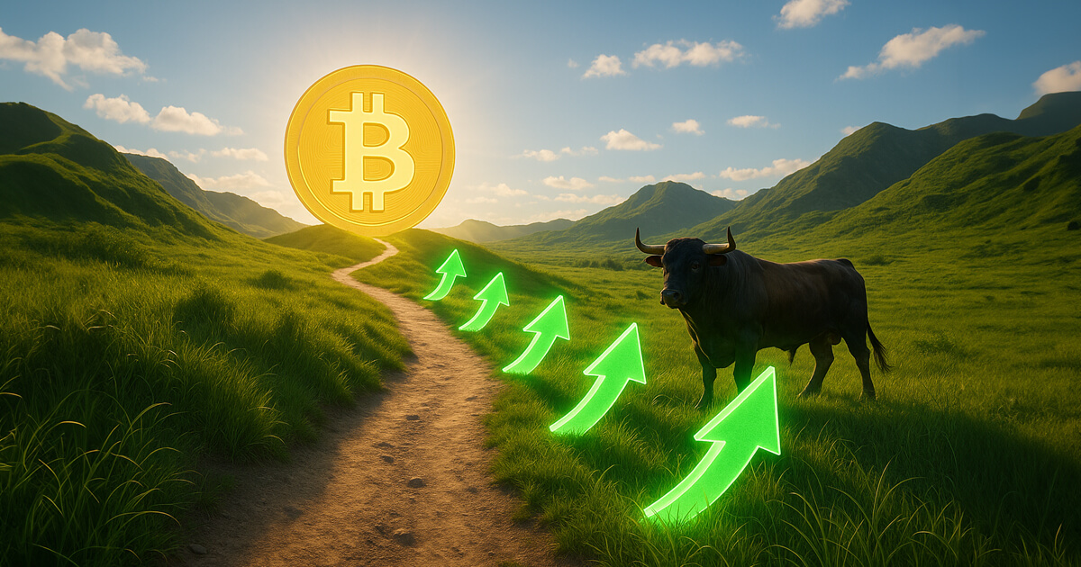 A photorealistic daylight mountain scene with a glowing Bitcoin, green upward arrows, and a powerful bull standing on a grassy hill symbolizing the Bitcoin bull run.