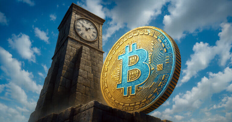 A massive golden Bitcoin coin leans against an ancient stone clock tower under a bright blue sky, symbolizing the idea of Bitcoin serving as a new civilizational timekeeper.
