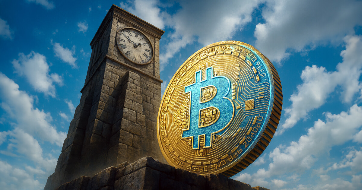 A massive golden Bitcoin coin leans against an ancient stone clock tower under a bright blue sky, symbolizing the idea of Bitcoin serving as a new civilizational timekeeper.