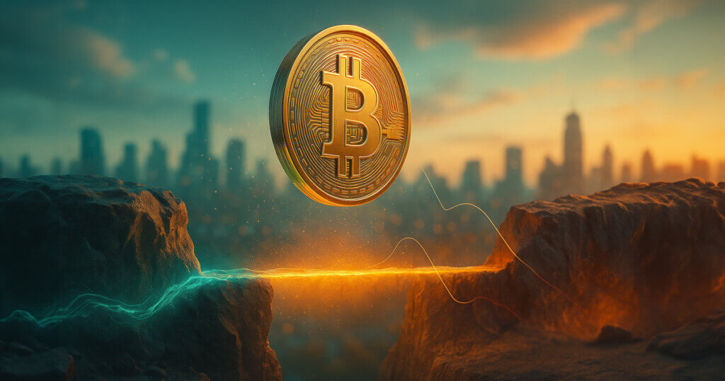 A luminous glassy Bitcoin hovers over a glowing horizontal “gap” between teal- and amber-lit rock ledges, with faint price arcs and a bright city haze suggesting tension between reversal and continuation.