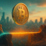 A luminous glassy Bitcoin hovers over a glowing horizontal “gap” between teal- and amber-lit rock ledges, with faint price arcs and a bright city haze suggesting tension between reversal and continuation.