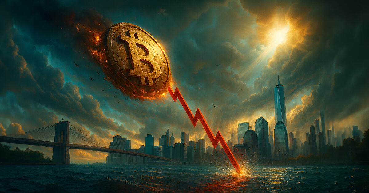 A flaming Bitcoin drags a jagged red line into churning water as towering teal-and-gold storm clouds split with radiant sunbeams over the Manhattan skyline and Brooklyn Bridge.