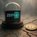 a glowing countdown clock with an illuminated quantum circuit beside a gold Bitcoin on cracked marble under soft cinematic light.