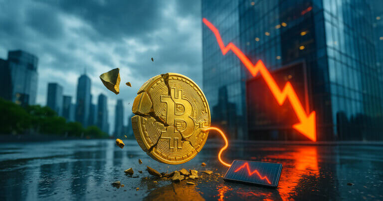 a shattered gold Bitcoin hovering over rain-slick city pavement as a vivid red downward graph reflects off a glass tower behind, balancing cool blue storm light with warm highlights on the coin and debris.