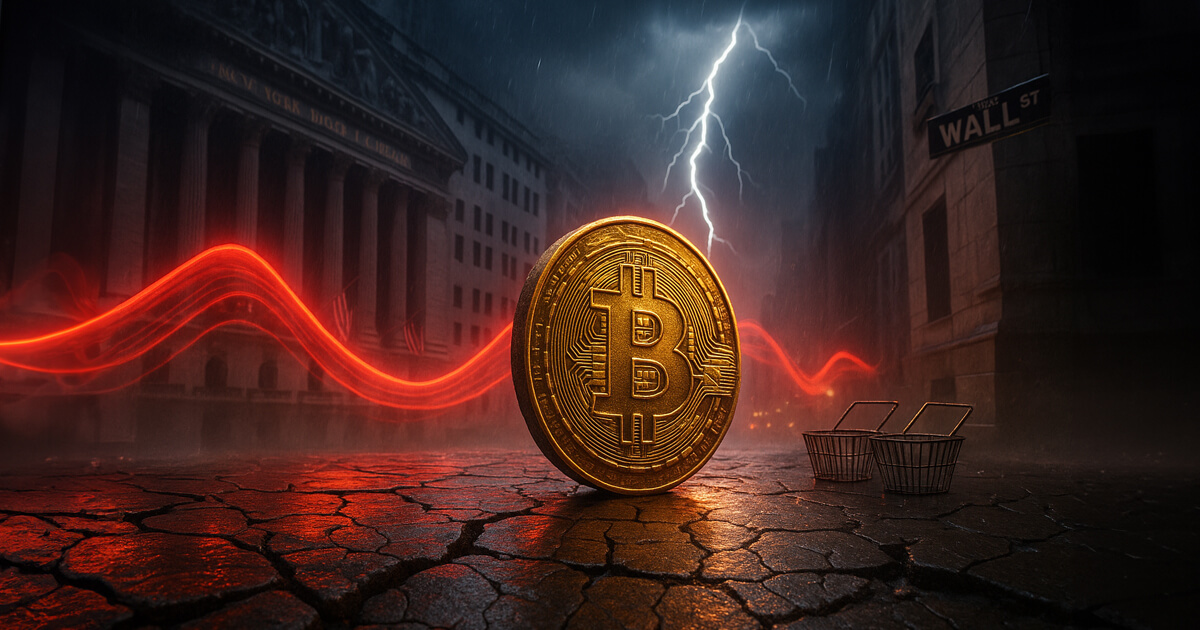 Wall Street stormscape shows a glowing Bitcoin on cracked, rain-slick stone as a luminous red wave sweeps behind the NYSE façade and lightning rips the sky, all bathed in dramatic, soft-glow lighting.