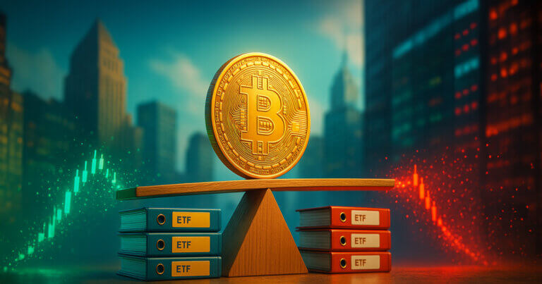 A large golden Bitcoin coin balances on a wooden seesaw between stacks of blue and red ETF binders, set against a bright city skyline with glowing green and red financial charts in the background.