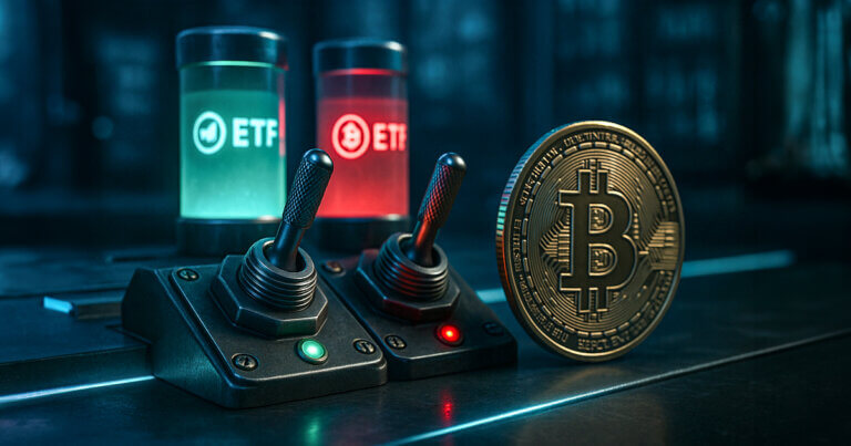 a metallic Bitcoin poised above a glowing cyan threshold between two oversized flip levers as ETF cylinders shift from red to green, all drenched in cool blue-teal light with a vibrant soft glow.