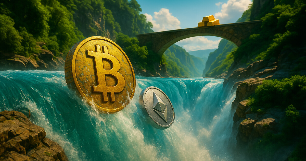 A dramatic cinematic scene shows oversized Bitcoin and Ethereum coins plunging over a roaring turquoise waterfall while cash and growth icons speed across a sunlit skybridge above.