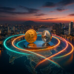 Tokyo, Hong Kong, and Singapore skylines linked by luminous teal, amber, and magenta rails converging on polished Bitcoin and Ethereum emblems over a bright sunrise map of Asia.