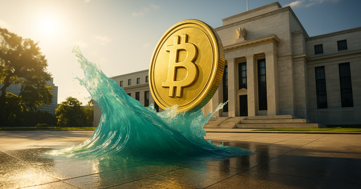A low-angle, cinematic daylight view shows a monumental gold Bitcoin surging from a teal wave across a wet plaza with the neoclassical Federal Reserve building looming in the background.