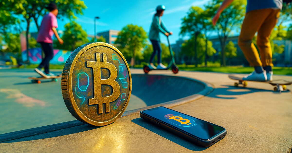 A weathered gold Bitcoin coin rests by a skatepark bowl beside a smartphone showing the BTC logo as faceless riders on scooters and skateboards blur past under vivid blue daylight.