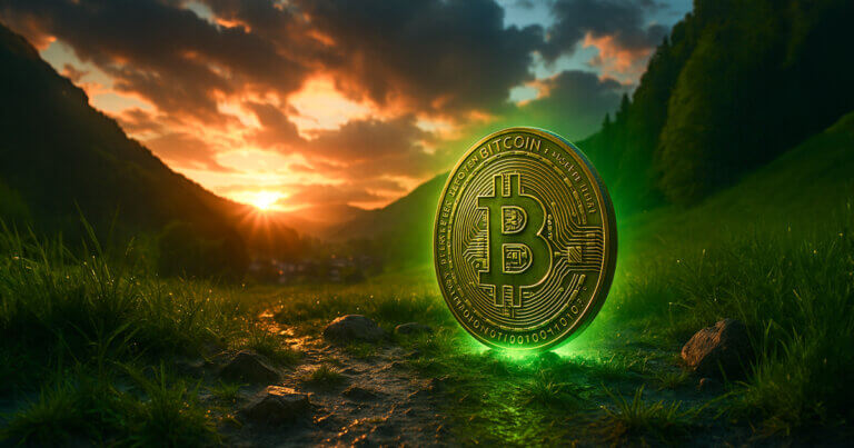 A glowing Bitcoin coin stands upright on a dewy forest path at sunrise, illuminated by a green aura as warm orange light breaks over distant hills, symbolizing shifting market signals.