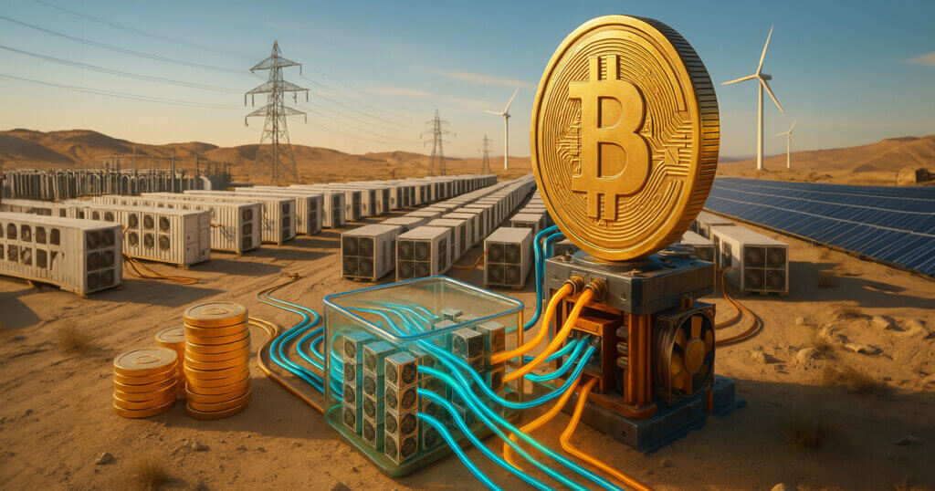 A bright desert mining farm shows rows of containerized rigs, neon power lines, and a towering golden Bitcoin emblem as stacked funding chips and new infrastructure expand toward solar panels, turbines, and a distant substation.