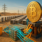 A bright desert mining farm shows rows of containerized rigs, neon power lines, and a towering golden Bitcoin emblem as stacked funding chips and new infrastructure expand toward solar panels, turbines, and a distant substation.