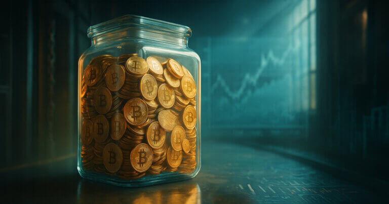 tabletop scene shows a massive glass jar packed with Bitcoins releasing only a few coins through a tiny spout onto a small brass scale, bathed in teal-gold soft glow to evoke a tightening float before a potential squeeze.
