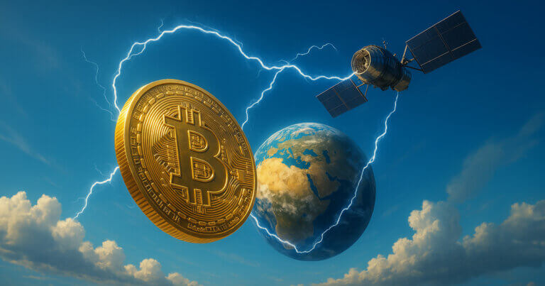 A hyper-realistic cinematic image shows a glowing Bitcoin coin in space connected by lightning arcs to Earth and a satellite against a dramatic bright sky.