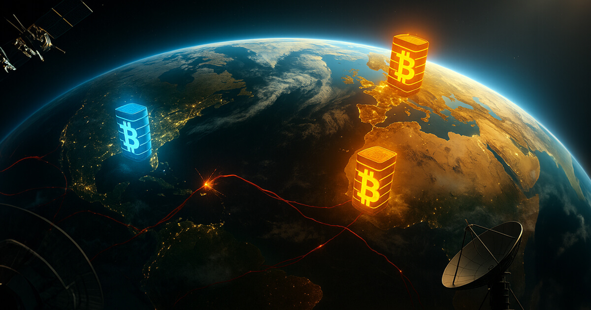 arth-from-space view with the day–night line glowing as three bright Bitcoin beacons hover over the Americas, Europe–Africa, and Asia while severed red undersea cables spark and satellites and dishes relay faint signals, dramatizing a partitioned but resilient network.