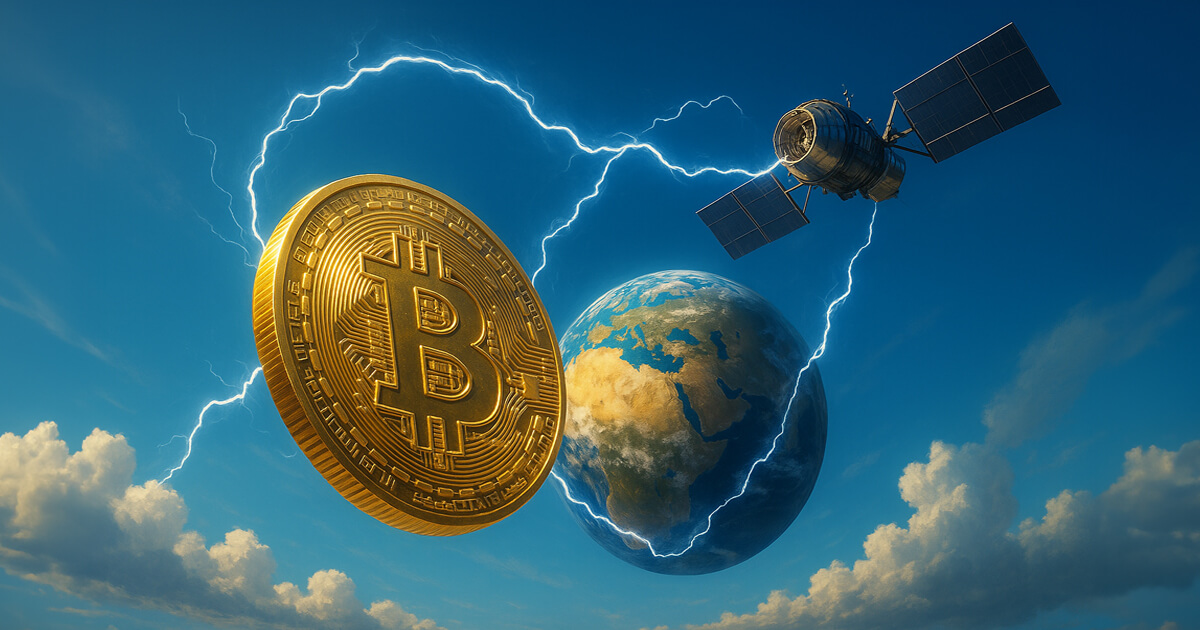 A hyper-realistic cinematic image shows a glowing Bitcoin coin in space connected by lightning arcs to Earth and a satellite against a dramatic bright sky.