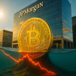 A large gold Bitcoin coin rises from underwater in front of the JPMorgan headquarters, with a glowing red downward-trending chart line visible beneath the surface.