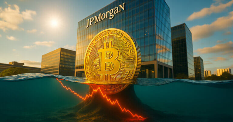 A large gold Bitcoin coin rises from underwater in front of the JPMorgan headquarters, with a glowing red downward-trending chart line visible beneath the surface.