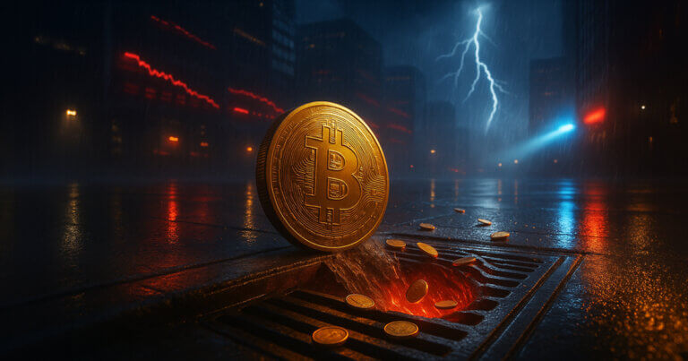 a giant gold Bitcoin tilting beside a rain-slick storm drain glowing red as lightning splits the sky and neon tickers reflect across wet pavement in a soft, cinematic haze.