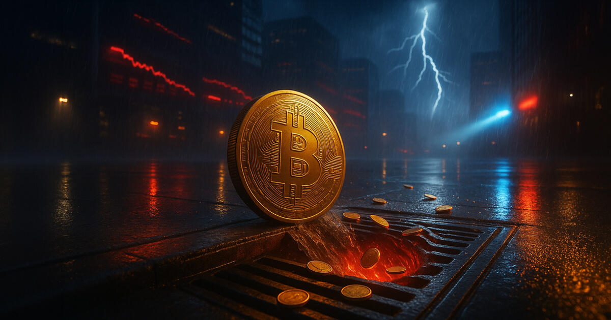 a giant gold Bitcoin tilting beside a rain-slick storm drain glowing red as lightning splits the sky and neon tickers reflect across wet pavement in a soft, cinematic haze.