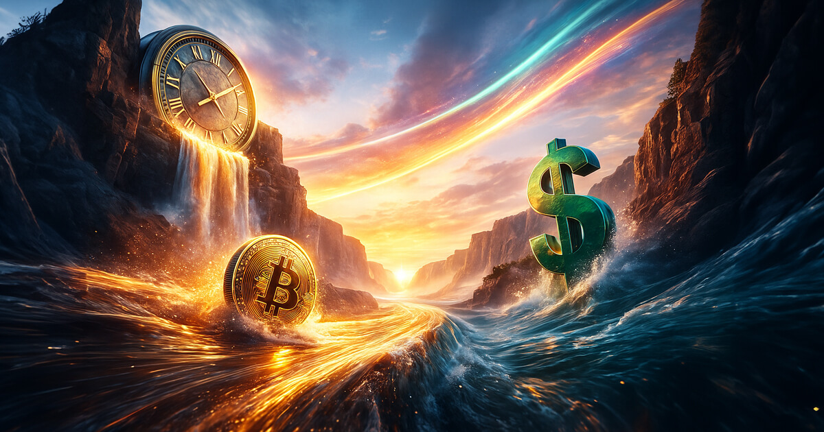 A hyper-realistic, 16:9 low-angle canyon shot shows a radiant Bitcoin surfing a molten-gold river pouring from a colossal cliffside clock, while an emerald dollar sign braces in churning teal water under a blazing sunrise and an aurora-like arc that hints at shifting regimes.