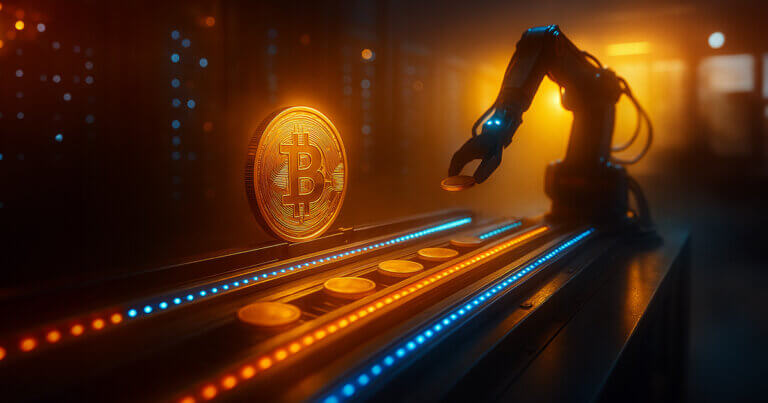 a warm golden key light with soft volumetric glow around the Bitcoin, cool blue rim accents on the robotic arm, and intensified LED rails for a dramatic, cinematic contrast.