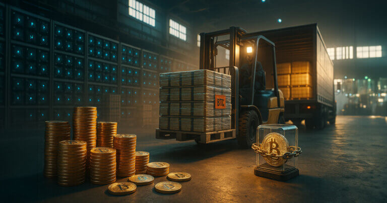 warehouse scene shows a forklift loading shrink-wrapped “BTC” pallets into a truck beside rows of glowing blue mining rigs, with gleaming coin stacks in the foreground and soft amber–teal light rays hinting at potential miner selling.