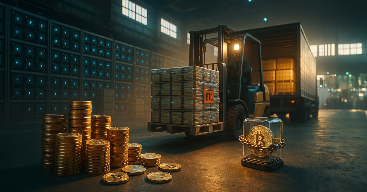 warehouse scene shows a forklift loading shrink-wrapped “BTC” pallets into a truck beside rows of glowing blue mining rigs, with gleaming coin stacks in the foreground and soft amber–teal light rays hinting at potential miner selling.