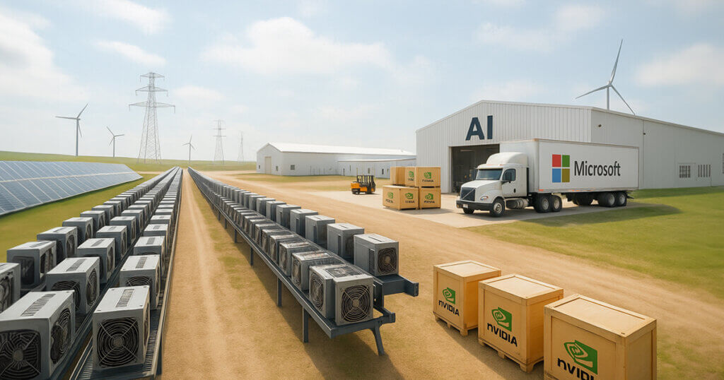 rows of crypto miners stretching toward solar panels, wind turbines, and power lines beside an AI warehouse with a Microsoft truck and NVIDIA crates under clear skies.