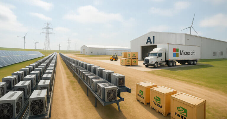 rows of crypto miners stretching toward solar panels, wind turbines, and power lines beside an AI warehouse with a Microsoft truck and NVIDIA crates under clear skies.