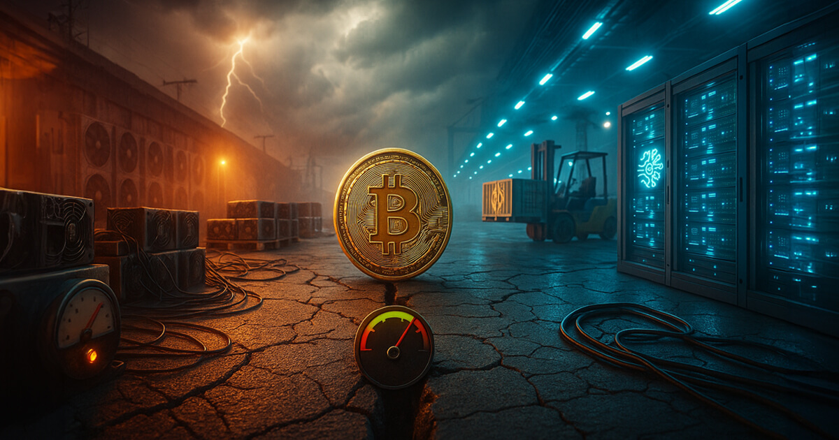 industrial split-scene shows dusty, idle ASIC stacks and a red-lining gauge on cracked concrete to the left, while the right side glows with cool blue server halls and forklifted crates for AI workloads, a gleaming Bitcoin centered between under dramatic soft lighting.