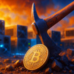 A glowing golden Bitcoin coin stands upright in rubble as an axe hovers over it, with cryptocurrency mining rigs in the fiery, smoke-filled background.