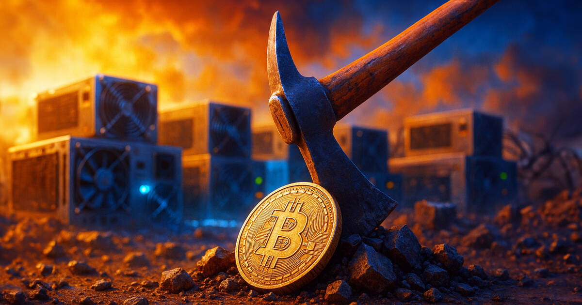 A glowing golden Bitcoin coin stands upright in rubble as an axe hovers over it, with cryptocurrency mining rigs in the fiery, smoke-filled background.