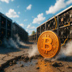 A glowing Bitcoin coin sits on cracked ground between massive rows of mining rigs, with heat and vapor rising under a bright blue sky.