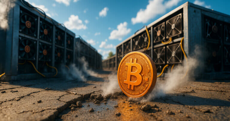 A glowing Bitcoin coin sits on cracked ground between massive rows of mining rigs, with heat and vapor rising under a bright blue sky.