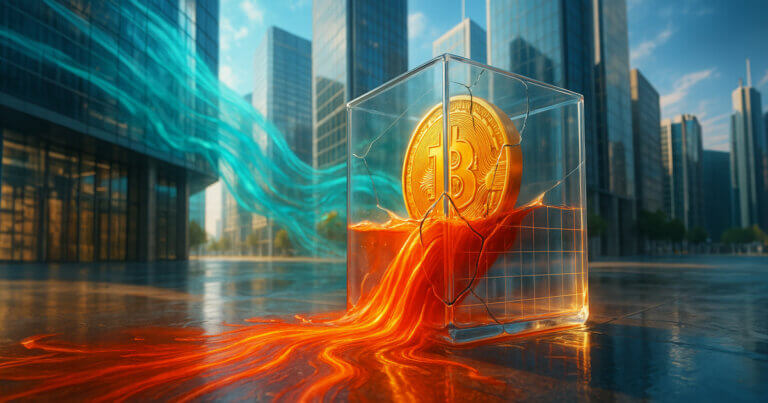 A bright city plaza features a cracked glass “fund” cube around a giant golden Bitcoin, spilling vivid red-orange liquid that streams across reflective stone while cool teal data currents sweep behind, symbolizing heavy outflows.