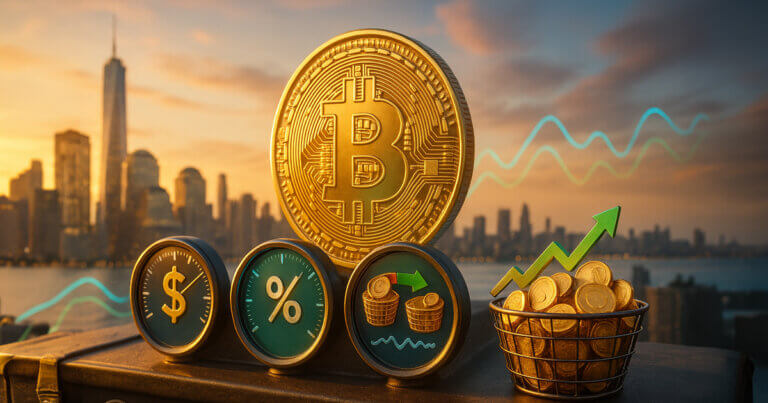 Bitcoin flanked by three brass gauges—a dollar index dial, a real-yield percent meter, and an ETF flow/basis indicator—while a basket of coins and an ascending arrow glow under dramatic soft light.