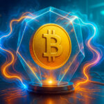 A golden Bitcoin sealed inside a faceted crystal stands on a lab pedestal as swirling teal and amber quantum waves split harmlessly around it under bright, cinematic lighting.