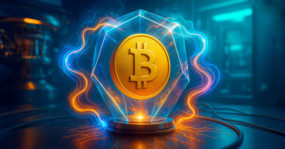A golden Bitcoin sealed inside a faceted crystal stands on a lab pedestal as swirling teal and amber quantum waves split harmlessly around it under bright, cinematic lighting.