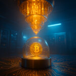 quantum lab scene with a soft glow shows a chandelier-like dilution fridge looming above a cracked glass dome that shields a glowing gold Bitcoin on a steel pedestal amid cobalt-and-amber light.