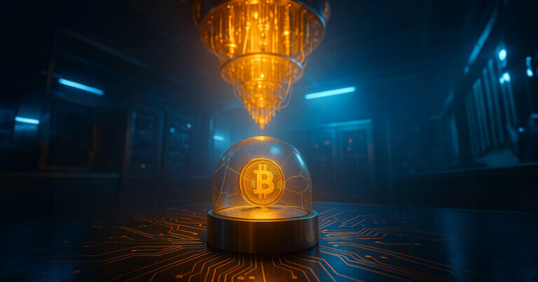quantum lab scene with a soft glow shows a chandelier-like dilution fridge looming above a cracked glass dome that shields a glowing gold Bitcoin on a steel pedestal amid cobalt-and-amber light.