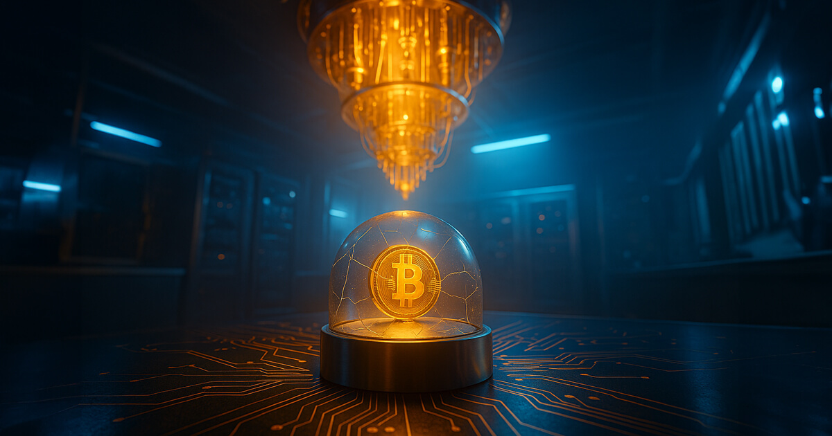 quantum lab scene with a soft glow shows a chandelier-like dilution fridge looming above a cracked glass dome that shields a glowing gold Bitcoin on a steel pedestal amid cobalt-and-amber light.