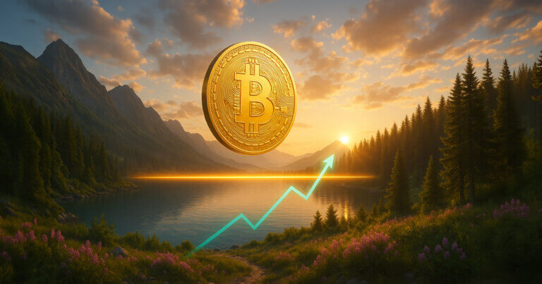a gleaming Bitcoin hovering over a mountain lake at sunrise as a teal upward trend line meets a bright golden resistance band across the horizon.