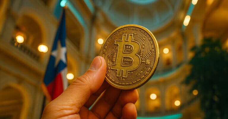 A hand holds up a gold Bitcoin coin inside a grand building with warm lighting and a Texas flag visible in the background.